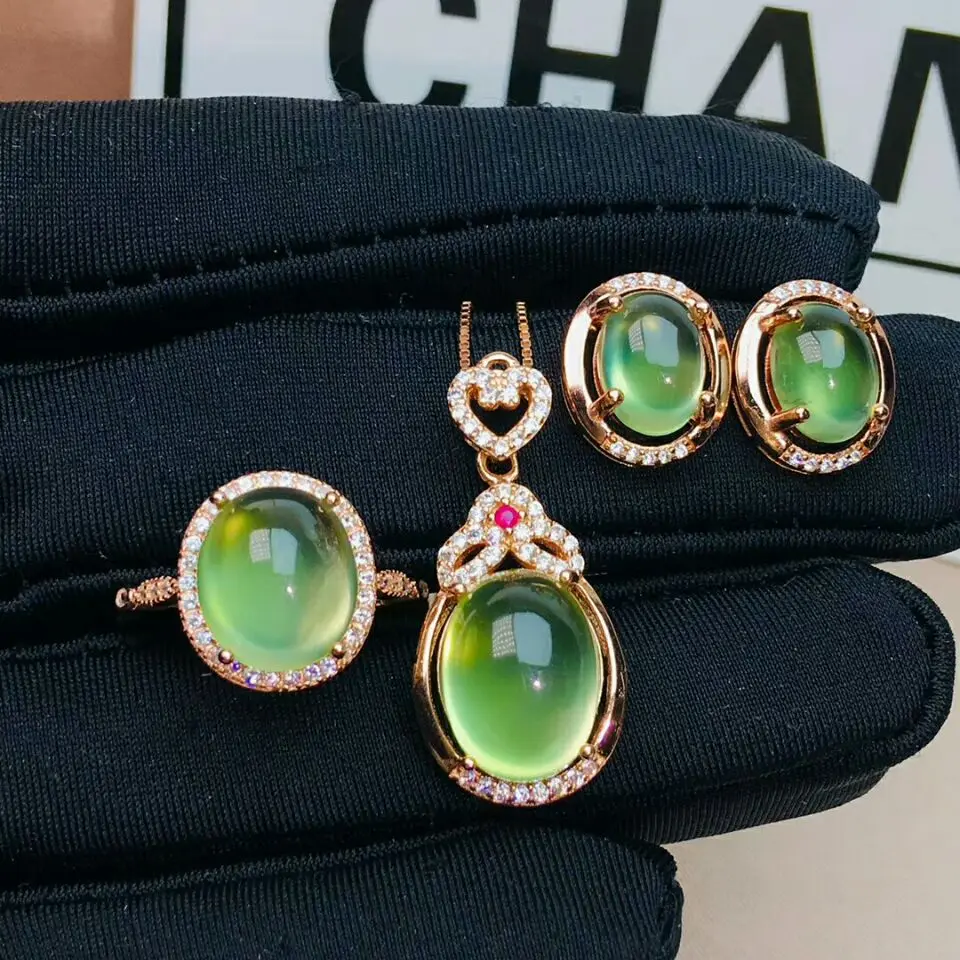 

MeiBaPJ Natural Big Prehnite Gemstone Necklace Earrings Ring for Women Real 925 Sterling Silver Green Stone Fine Jewelry Set