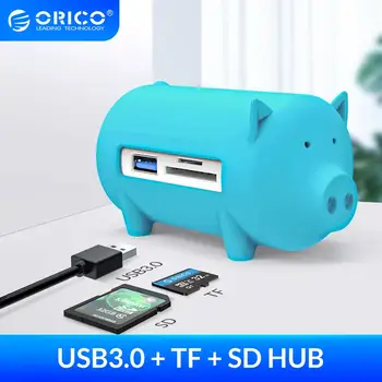 ORICO Cute Pig, 4 puertos USB 3,0 OTG, concentrador USB, compatible con lector de tarjetas TF SD para MacBook Air, portátil, PC, USB 3,0 Hub