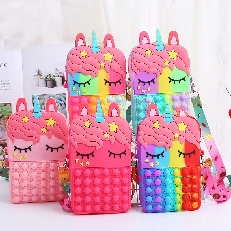 

Fidget Toys Push Bubbles Toy Rainbow Big Size Unicorn Coin Purse Wallet Ladies Bag Silica Simple Dimple Crossbody Bags For Girls