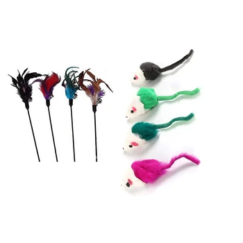 

4 Pcs / Lot Artificial Feather Toy for Cat Feather Toy for Cat Ran Color & 4x Rattling Catnip Mice - Cat Toys