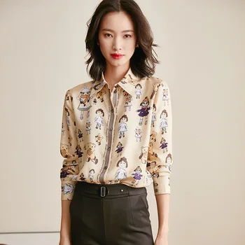 

High-end silk shirt women printed shirt long sleeve 2020 spring summer fashion cartoon stitching shirt silk shirt women commute