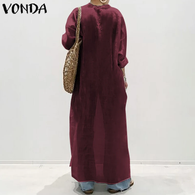 VONDA/длинное хлопковое женское платье макси со стоячим воротником и длинным рукавом на пуговицах, вечерние платья для беременных, осень, Vestidos