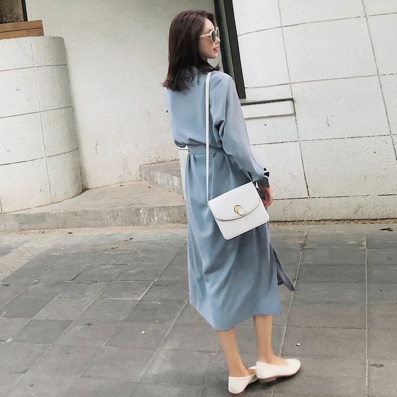 2019 весеннее женское винтажное платье с поясом и длинным рукавом отложным