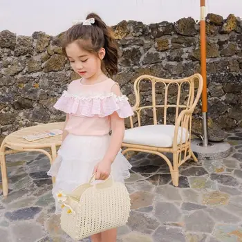 

2020 new girls off shoulder t-shirt summer cotton fashion girls top 3-8t HV879