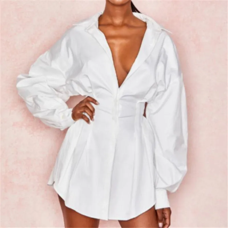 

2019 Ladies Women Autumn Shirt New Sexy Deep V Neck Long Lantern Sleeves Loose Shirts Female's Fashion Solid Color Tops Wear Hot