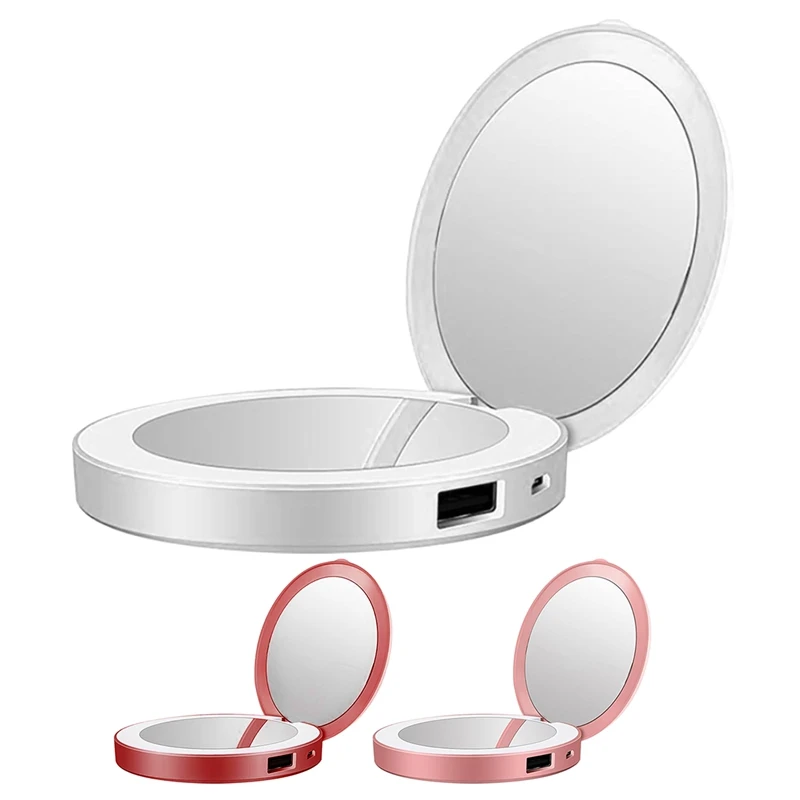 LED Mini Makeup Mirror Hand Held Fold Small Portable USB Cosmetic