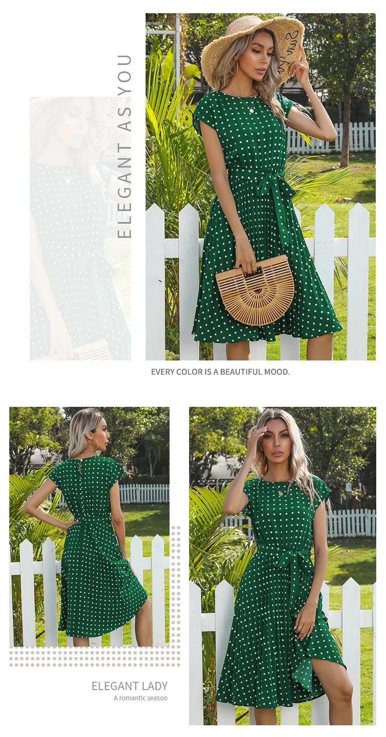 2021 New Summer Polka Dots Sleeveless Pleated Dresses For Women High Waist Midi Elegant Office Green Lady Dinner Party Clothes
