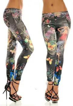 

Autumn Spring fashion girl Denim Skinny Leggings Women Legging Jean Blue Black leggings Butterfly Flowers Women leggings Jeans