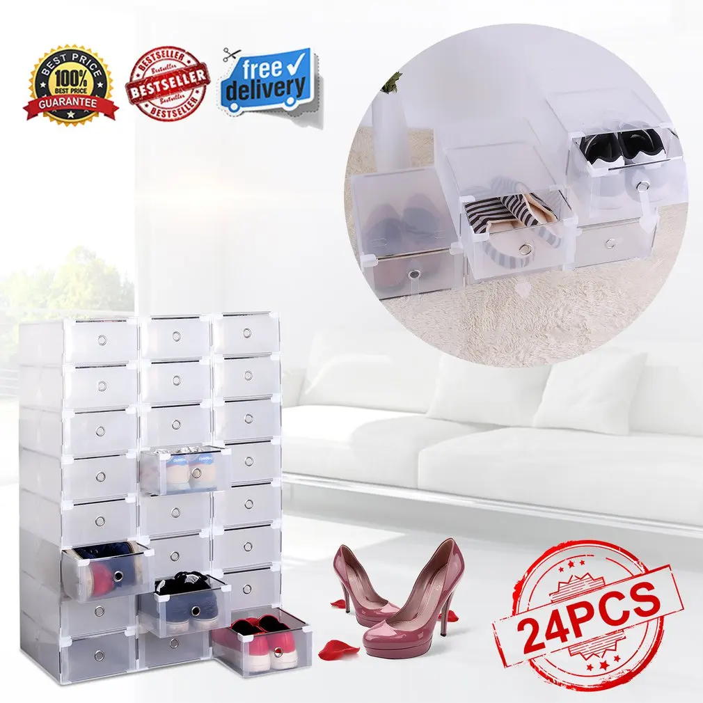 

24pcs Foldable Plastic Shoe Boxes Universal Home Organizer Stackable Storage Drawer Transparent Home Holding Box