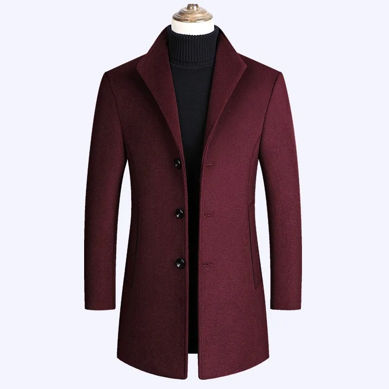 Smart casual осень зима твердые мужские шерстяные пальто с длинным рукавом однобортный стоячий воротник средней длины пальто размера плюс