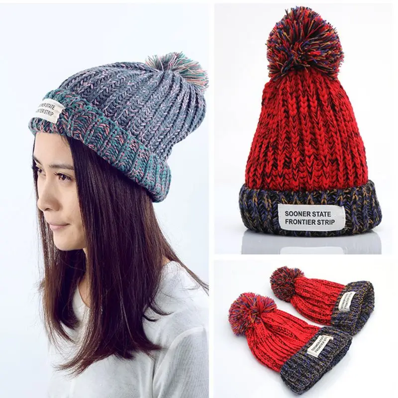 Женская зимняя контрастная шляпа с завернутыми полями цветные конфетти вязанные крючком буквы логотип патч пушистый помпон мяч эластичная шапочка