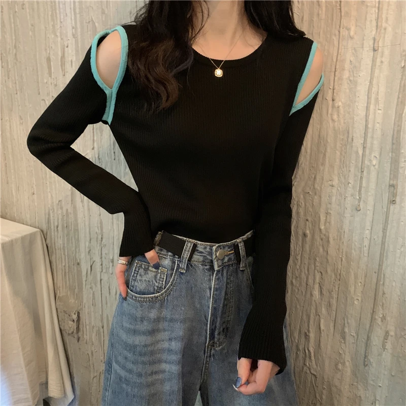 

Women Sweater Pullover Basic Ribbed Sweaters Cotton Tops Knitted Jumper Solid Crew Neck off-shoulder long-sleeved sweater top