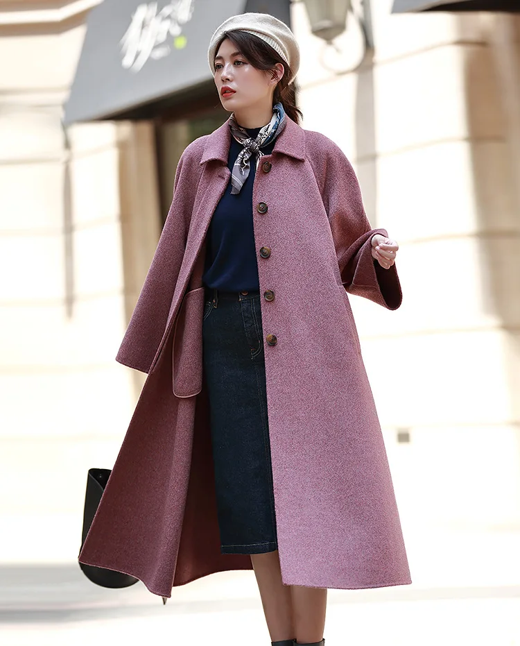 Зимние женские пальто, классическое Ретро двухстороннее кашемировое пальто, одноцветное шерстяное пальто с поясом, волнистое кашемировое пальто для женщин 8513