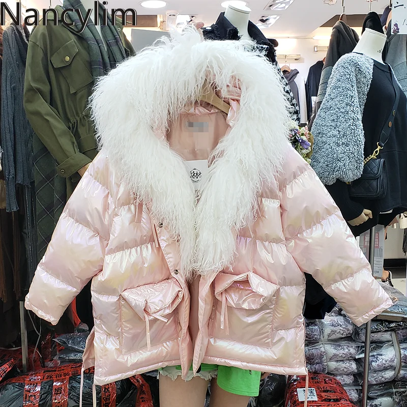 Lamb Fur Collar Parka Women Down Cotton Coat Women's Long Parka Winter Coat New Fashion Large Wool Collar Fur Coat Femme