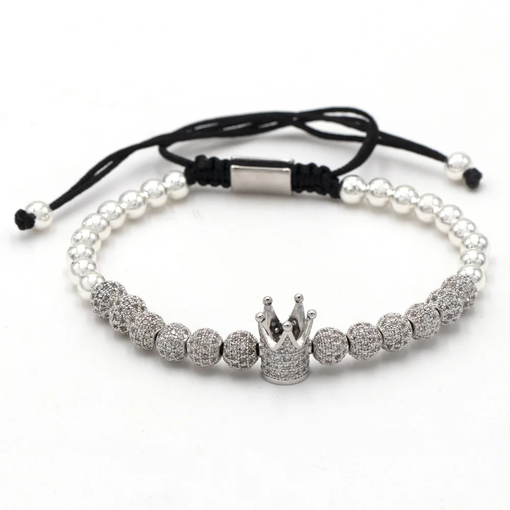 Luxury Jewelry CZ Ball Crown Charm Bracelet Copper Bead Macrame Handmade Men 3pcs Bracelets Set Bangles For Men Jewelry - Окраска металла: 6mm cz silver