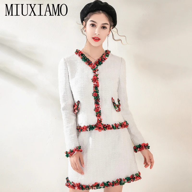 MIUXIMAO, лучшее качество, осень, офисный женский костюм-двойка, элегантный топ с длинным рукавом+ роскошная стерео юбка с цветами, костюмы Vestidos
