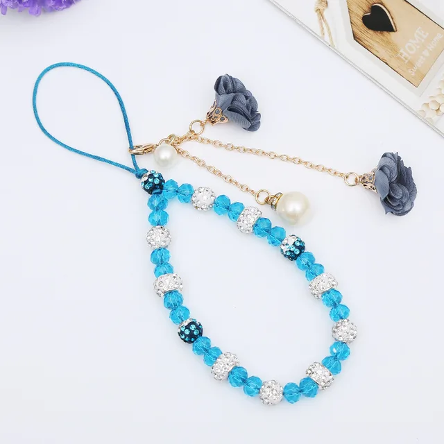 Shellnail Mobile Phone Lanyard Short Hand Strap for Key USB Diamond Bracelet Phone Case Flower Pendant DIY Tassel Phone Straps blue