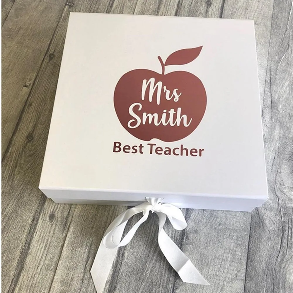 Personalised Best Teacher White Gift Box with Ribbon Tie, cutom Apple Design with Name inside, Keepsake Gift Box Teacher Present afbeelding