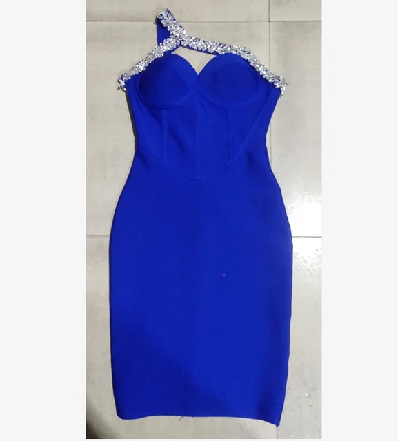 High Quality Red Blue Black One Shoulder Sparkly Beading Rayon Bandage Dress Elegant Cocktail Party Dress Vestidos 5