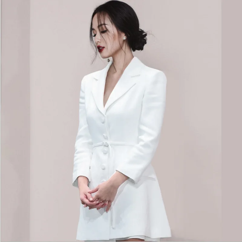 

Mid-length White Suit Skirt 2019 Spring New Style Europe And America Fashion Fold-down Collar Waist Hugging Slim Fit Long Sleeve