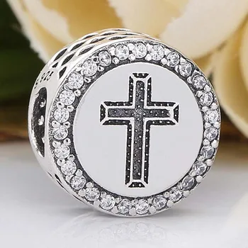 

Original Openwork Faith & Cross With Clear Crystal Bead Fit 925 Sterling Silver Bead Charm Bracelet Bangle DIY Jewelry