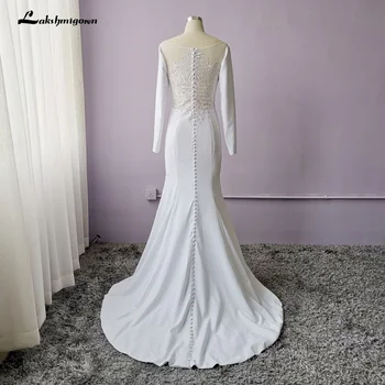 

Lakshmigown 2020 White Stain Mermaid Wedding Dresses Long Sleeves Bridal Gown Vestido De Noiva Sweep/ Brush Train Wedding Gown