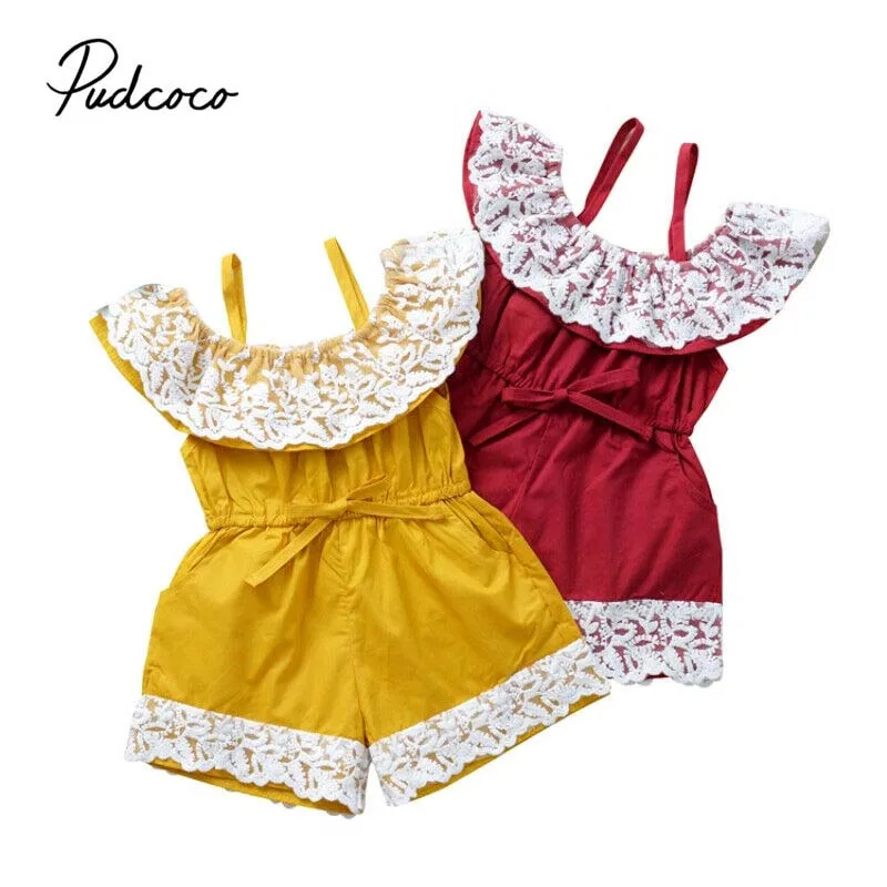 

2020 Summer Swimsuit Toddler Kids Baby Girl Lace Patchwork Romper Jumpsuit Playsuit Off Shoulder Outfits Clothes