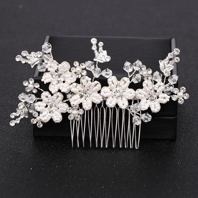 Silver Color Pearl Crystal Wedding Hair Combs Hair Accessories for Bridal Flower Headpiece Women Bride Hair ornaments Jewelry Silver