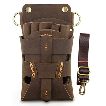 

Leather Rivet Hair Scissor Bag Clips Bag Hairdressing Barber Scissor Pouch Holder Case with Waist Belt Brown