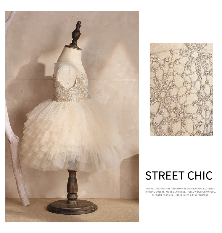 Women's Infant Baby Champagne Color Wedding Dress Girls Gauze Puffy Princess Birthday Dress Children Cake Dress