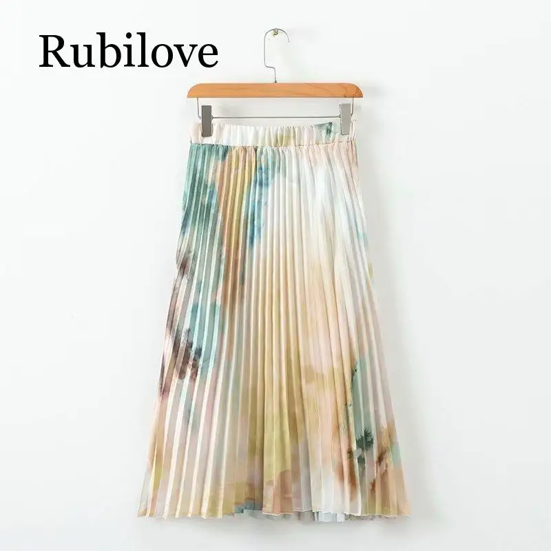Rubilove европейский стиль летние юбки женские галстук-краситель печатная юбка в складку Женская эластичная миди-юбка с высокой талией