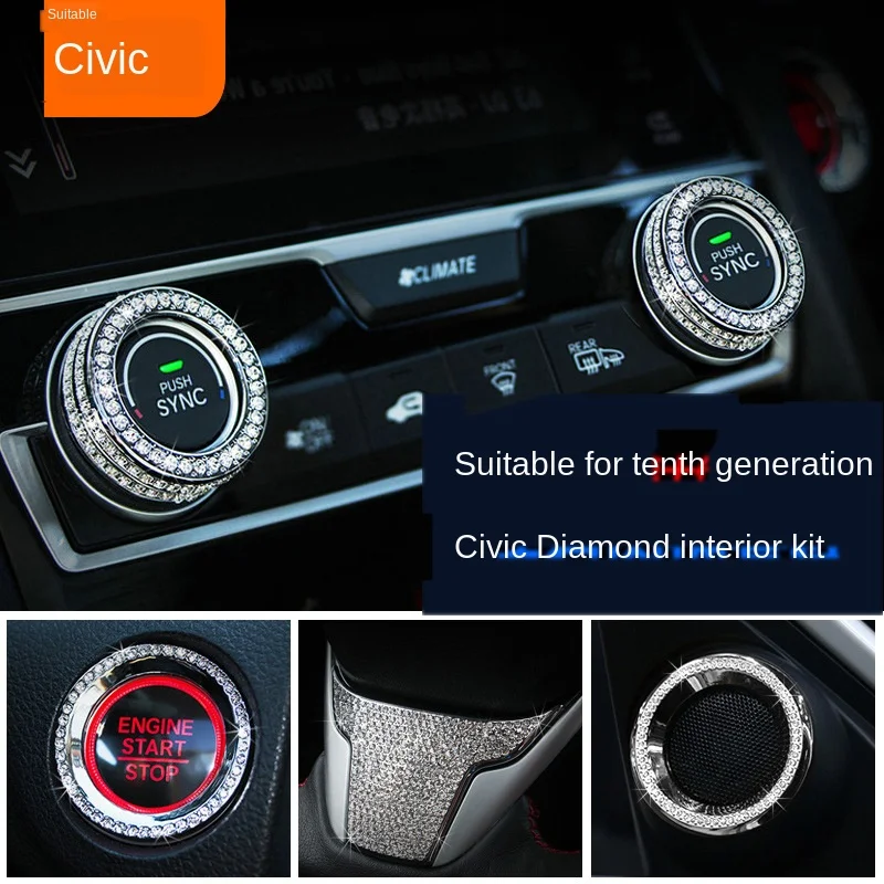 

For Honda CIVIC Diamond-Embedded Air Conditioning Knob One- Click Start Decorative Ring Air Outlet Center Console Decoration