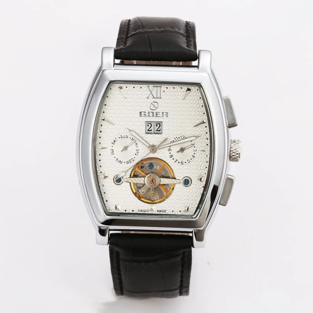0076white GOER Tourbillon часы для мужчин механические часы кожаный ремешок автоматические механические наручные часы для мужчин s часы Relogio Masculino - Цвет: 0076white