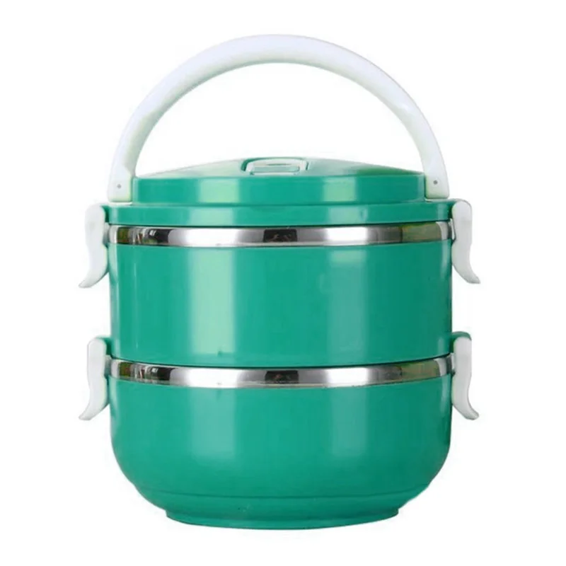 Ланч-бокс термос для бенто с подогревом еды из нержавеющей стали контейнер для хранения изолированный - Цвет: Green 2 Layer