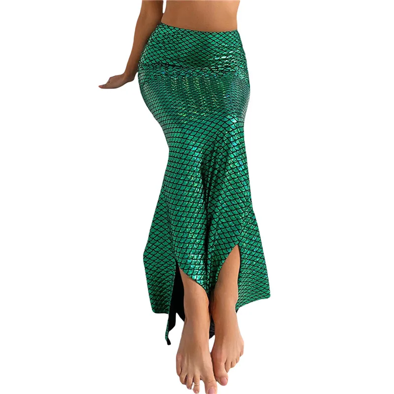 Xingqing Female Green Half-Length High-Waisted Long Skirt Fish Scale Print Hip Mermaid Summer Close-Fitting Skirts | Женская одежда