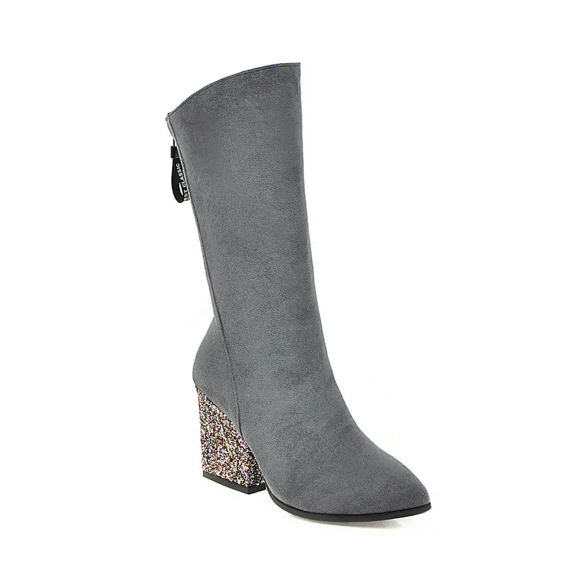QUTAA/ г. Пикантные элегантные сапоги до середины икры с острым носком на молнии модная женская обувь из флока на высоком квадратном каблуке осень-зима большие Size34-43