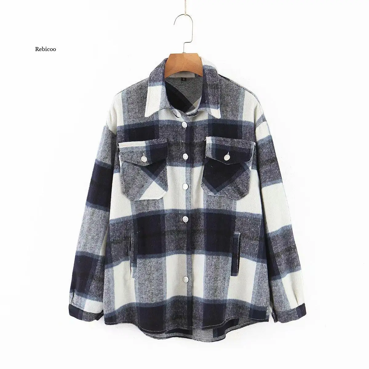 

Autumn Women's Lapel Long-Sleeved Cardigan Breasted Chest Pocket Loose Check Shirt Jacket Women