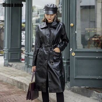 

Unua amo PU Leather Windbreaker Women Slim Long Jacket 2020 Autumn Fashion Cool Faux Leather Trench Coat With Belt