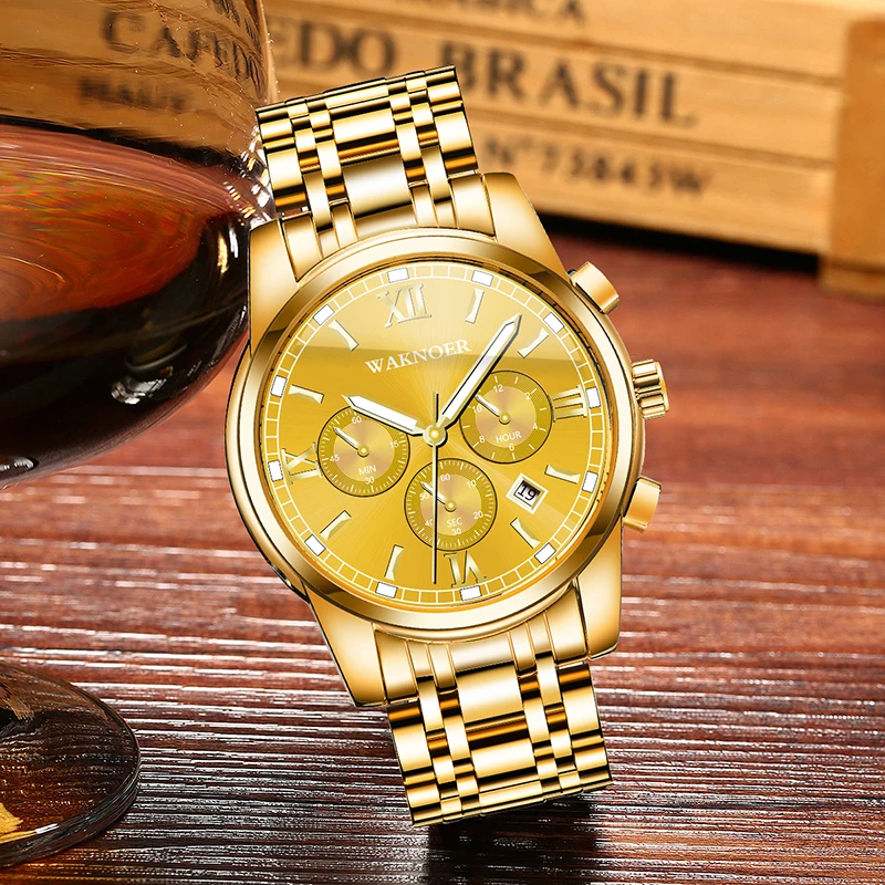 

WAKNOER Men watch Luxury Golden Business Men's Wristwatch Fashion Full Stainless Steel Men's Watches relogio masculino reloj