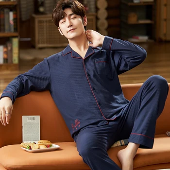 

100% Cotton Pajamas For Men 2PCS Lounge Sleepwear Men Blue Plaid Pijama Hombre 2020 Home Clothes Pure Cotton Pyjamas Set