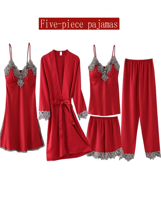 Four seasons new five-piece set with chest pad imitation silk feminine night gown, bathrobe, home service, long-sleeved pajamas red
