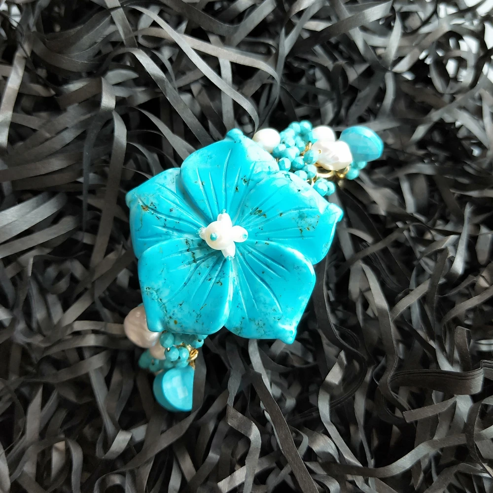 Lii Ji краска голубой бирюзовый браслет Howlite с пресноводным жемчугом ювелирные