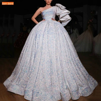 

Luxury White Wedding Gowns One Shoulder Sparkly Sequined Lace Up Bridal Dresses Long Sleeves Custom Made 2020 Vestido De Noiva