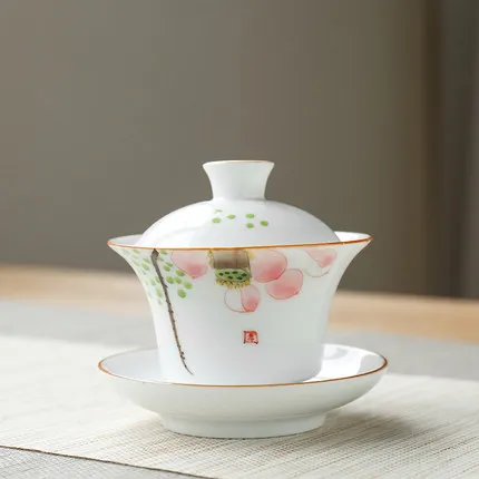 Hand-painted Ceramic Special Small Cover Bowl Three Bowls White Porcelain Small Teacup Teapot Kung Fu Tea Ceremony Tea Set - Цвет: 04