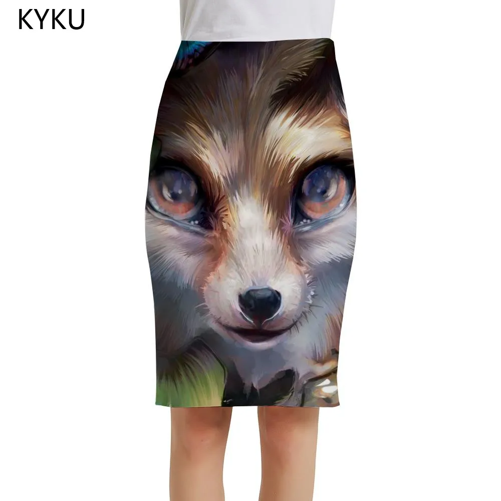 

KYKU Fox Skirts Women Animal Elegant Graffiti Office Lovely Print Skirt Ladies Skirts Womens Vintage Casual Party New