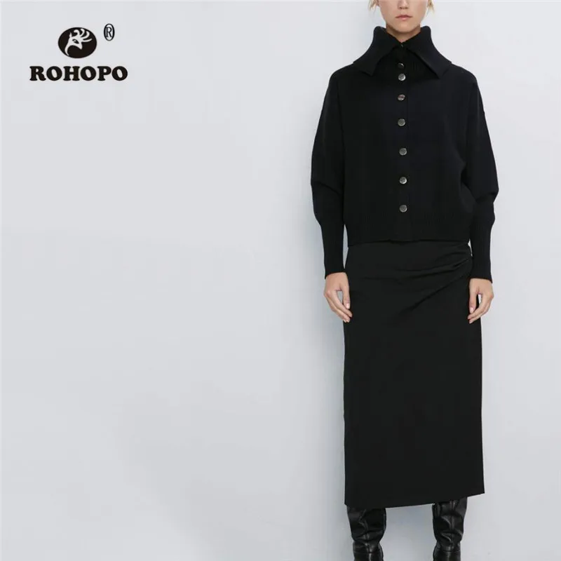 

ROHOPO Big Turn Down Collar Lantern Long Sleeve Knitted Black Outwear Female Autumn Winter Buttons Fly Cardigan Sweater #1796