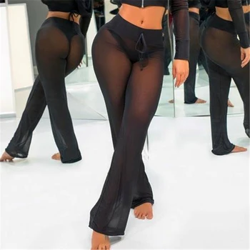 

Women Beach Pants Ladies Beach Wear Mesh Sheer Bikini Cover Up Swimwear Transparent Long High Waist Pants Solid Trousers