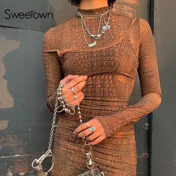 

Sweetown Crocodile Print Rave Bodysuit Women Autumn Winter 2019 Fashion Bodies Ladies Turtleneck Long Sleeve Bodycon Bodysuits
