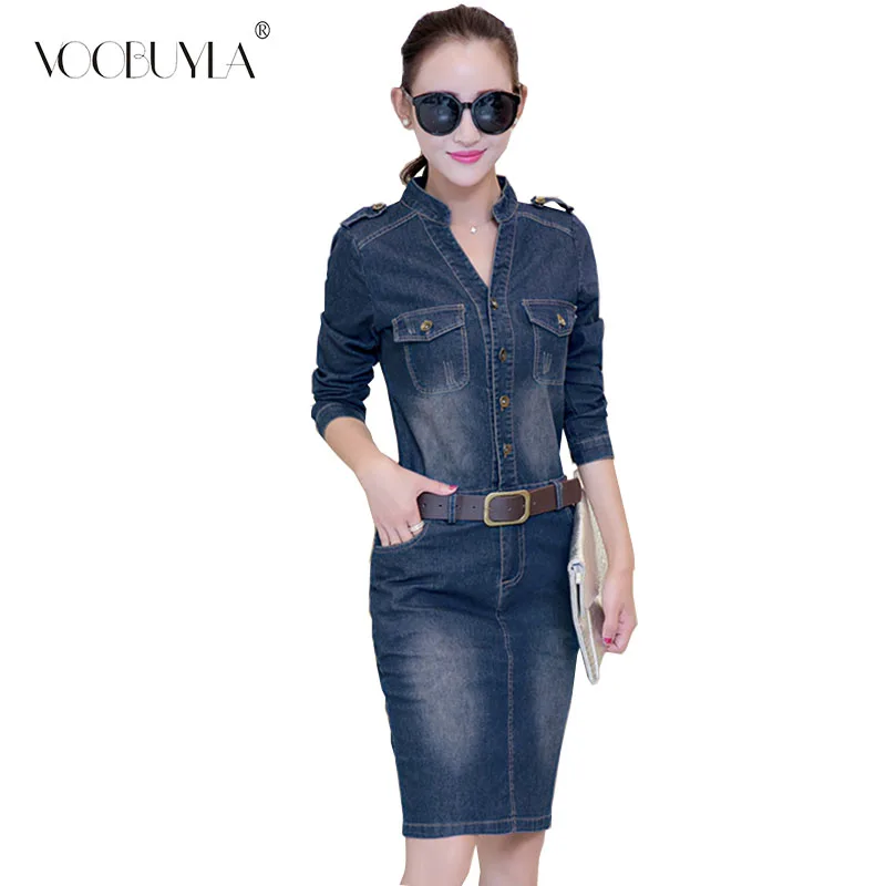 Voobuyla Spring Autumn Long Sleeve Jeans Dress Women Vintage V neck With Belt Pockets Sarafan Pencil Denim Cowboy Vestido | Женская