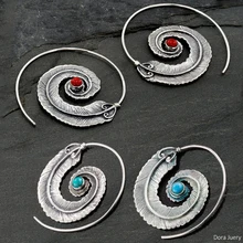 

Gypsy Round Spiral Red Blue Beads Stone Earrings Tibetan Jewelry Whirl Metal Leaf Feather Turquoise Loop Hoop Earrings
